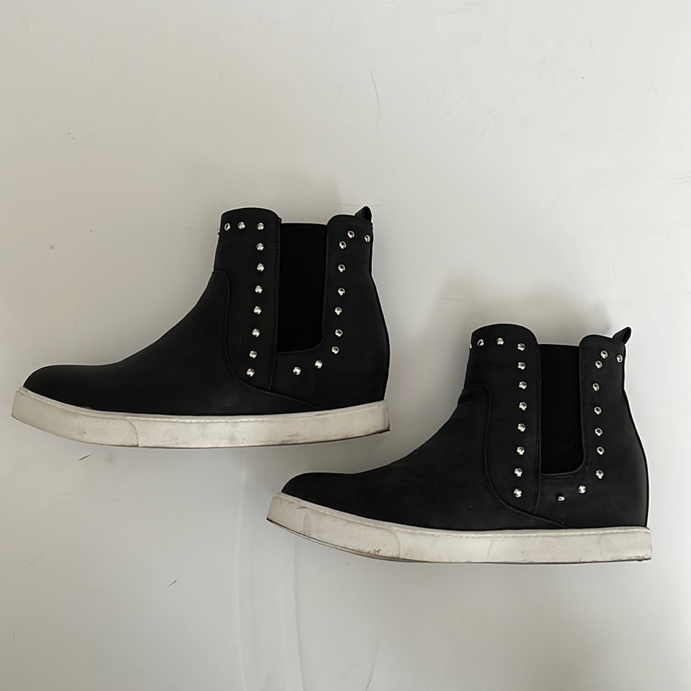 Cato Comfort Black Faux Leather Slip On Silver Studded High Top Sneaker/ Booties